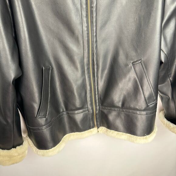 Miletta Black Cream Vegan Faux Leather Fur Trim Lined Zip Bomber Jacket Sz XL - Picture 4 of 15